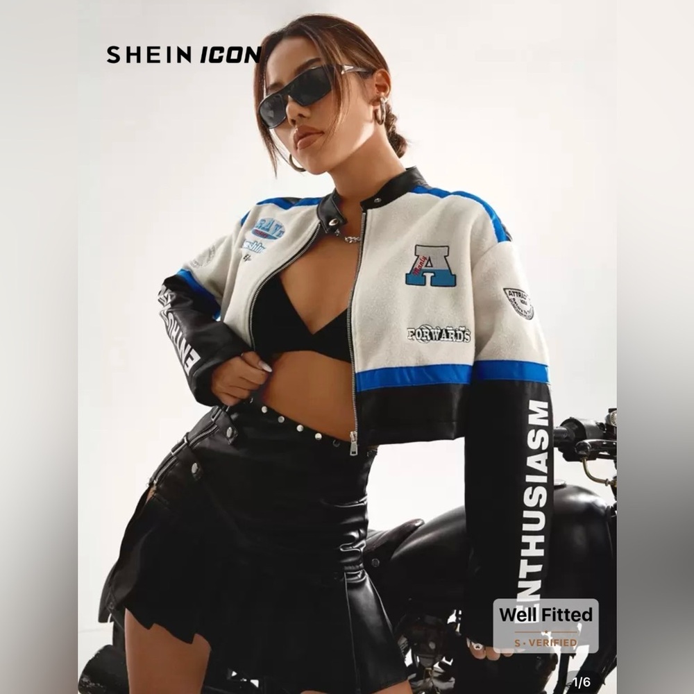 SHEIN Icon Black and Blue Patch Jacket